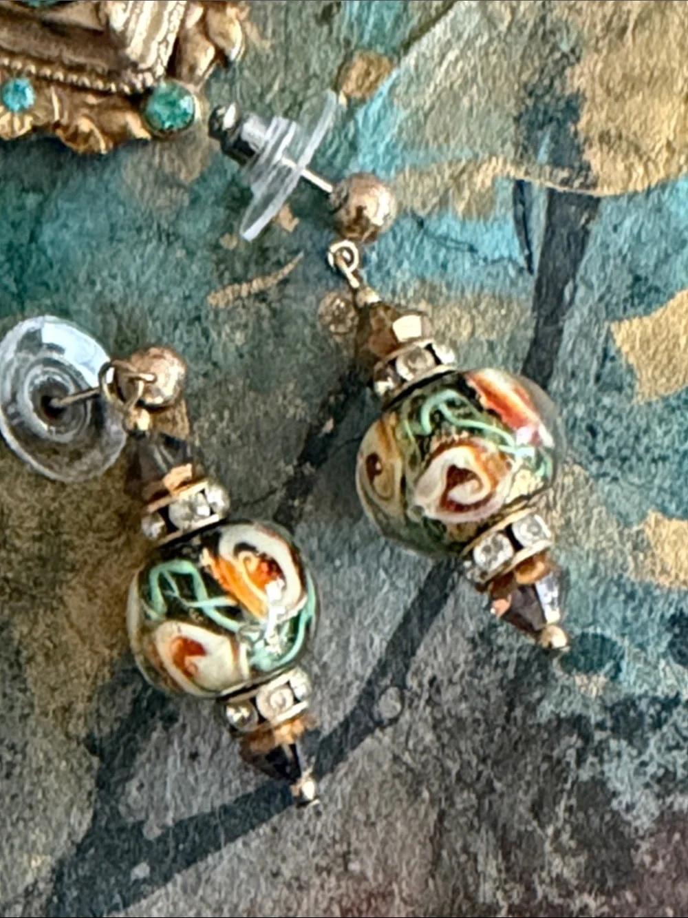 Handmade blown glass orange flowers crystal rhondelles posts pierced earrings
